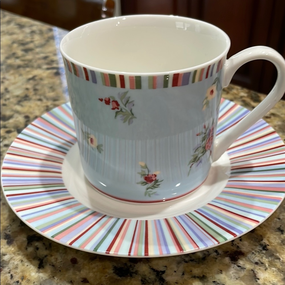 Laura Ashley High Tea Floral Striped Teacup and Saucer Set